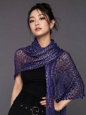 Purple Metallic Open Knit Shawl Wrap Scarf Evening Festival Boho Chic